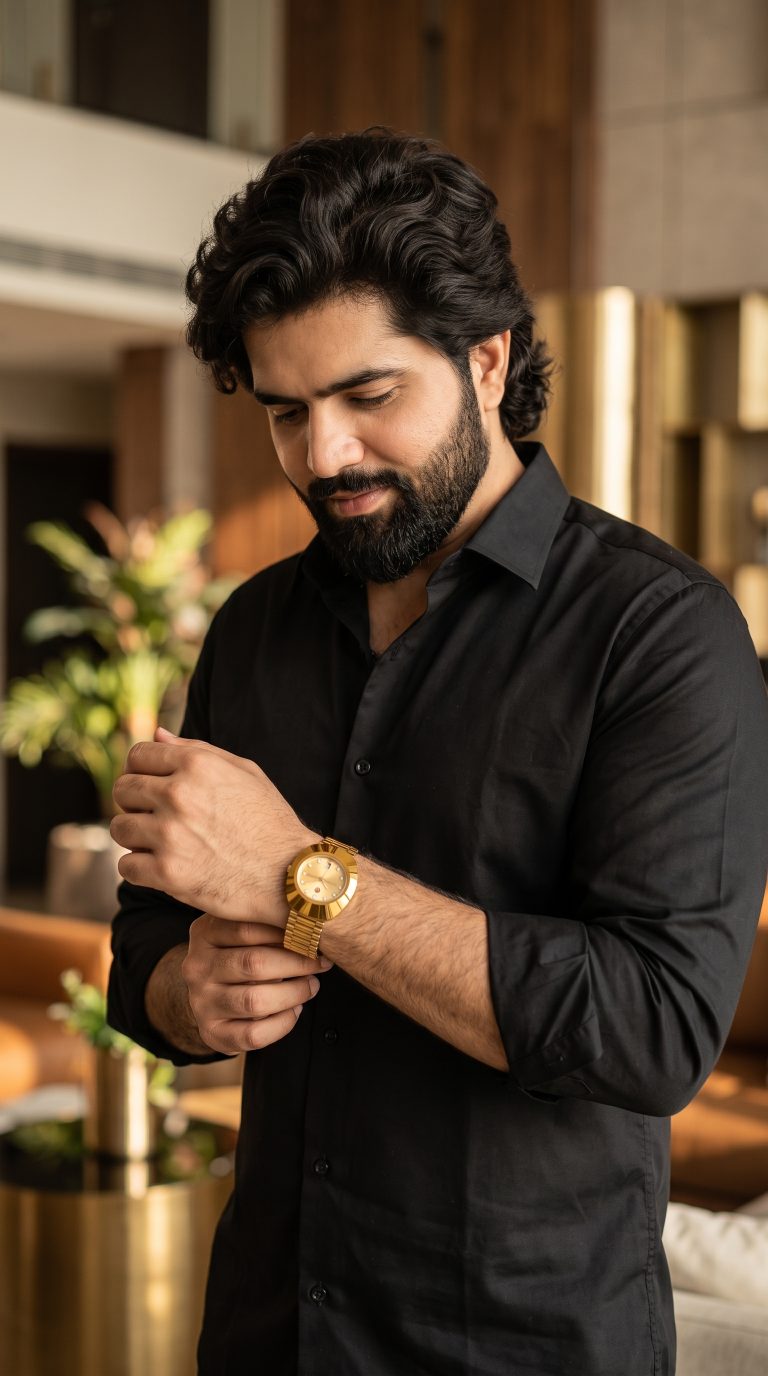 Elegant gold-tone wristwatch with champagne dial, crystal-style hour markers, polished metal bracelet, and date display on a luxury bronze background.